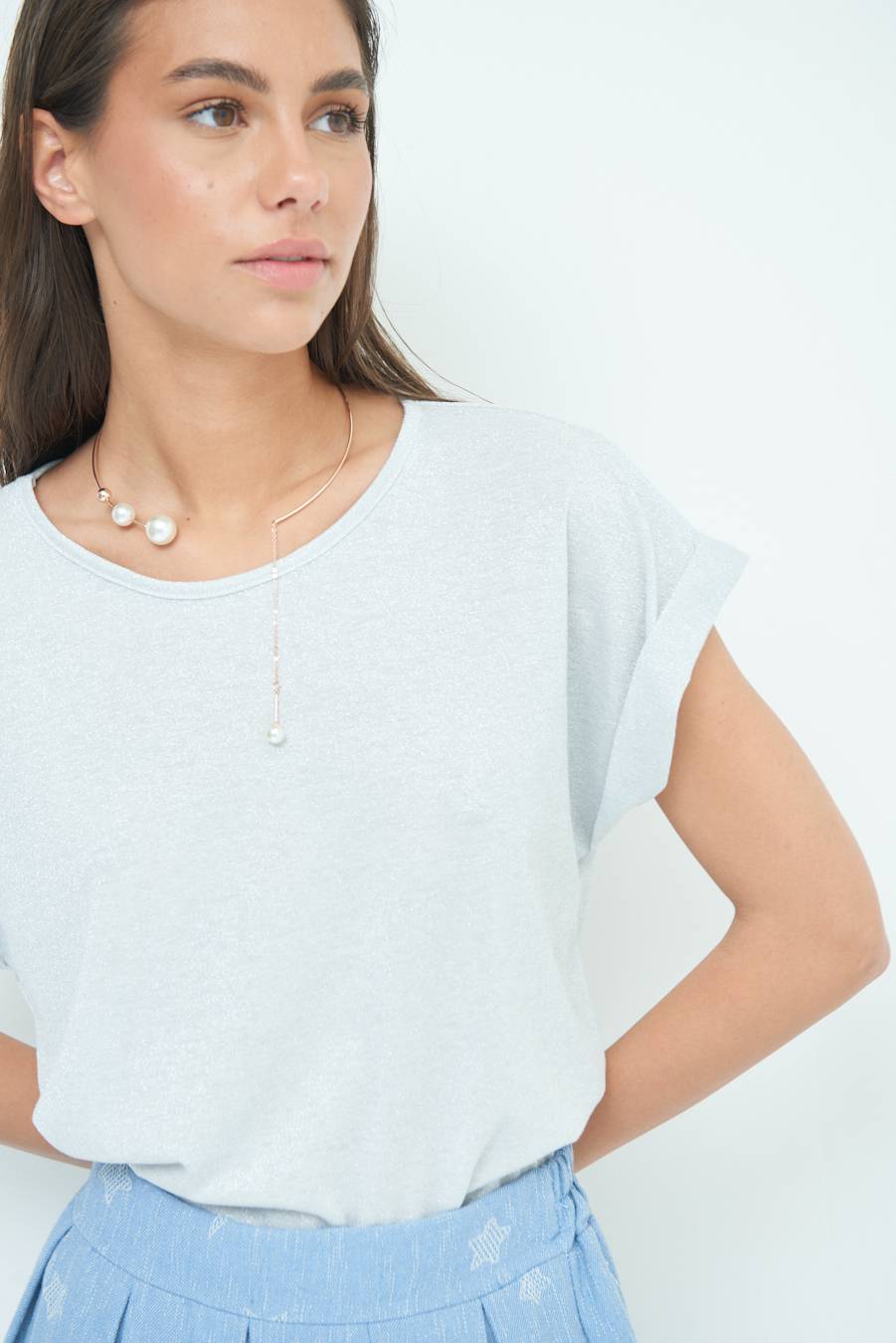 Kikisix T-SHIRT OVER CON RISVOLTO LUREX ARGENTO Presa