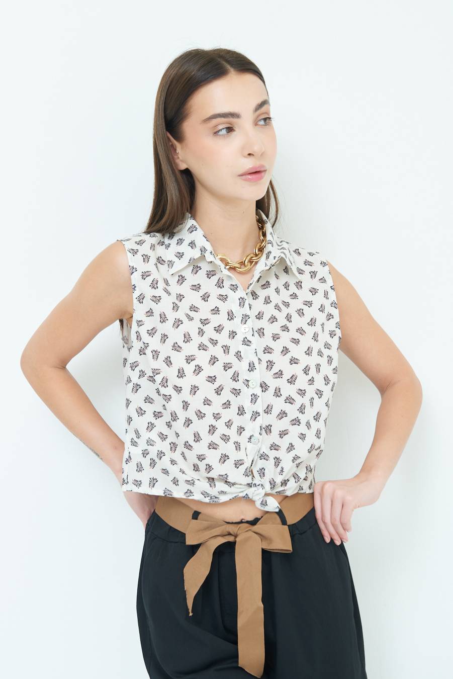 Kikisix CAMICIA SMANICATA CON NODO STAMPA NERO Consegna Veloce