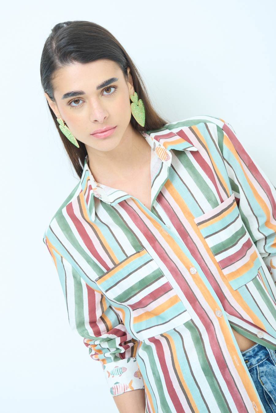 Kikisix CAMICIONE INSERTO RIGA. FANTASIA PESCE VERDE/OCRA In Vendita