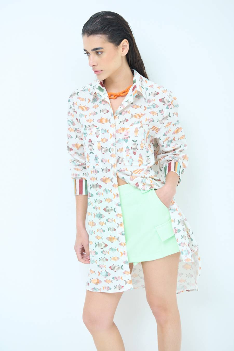 Kikisix CAMICIONE INSERTO DOPPIA FANTASIA VERDE/OCRA Saldi