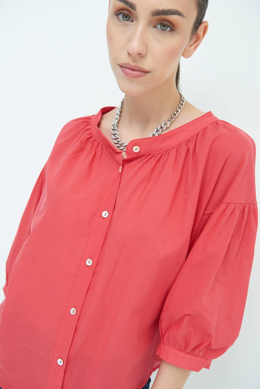 Kikisix CAMICIA SCOLLO INCRESPATO COTONE ROSSO Hotsell