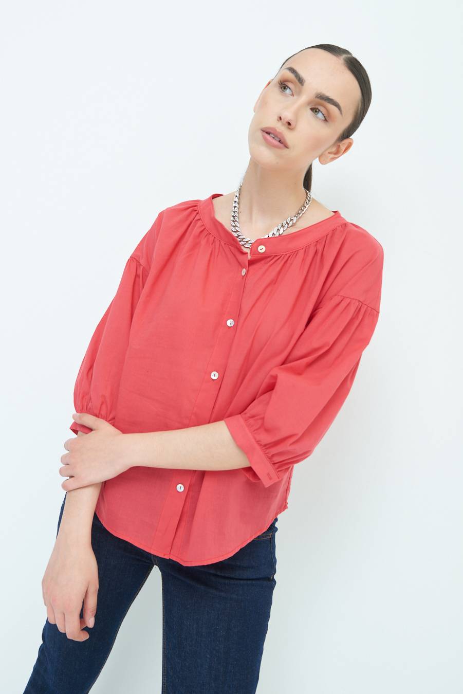 Kikisix CAMICIA SCOLLO INCRESPATO COTONE ROSSO Hotsell