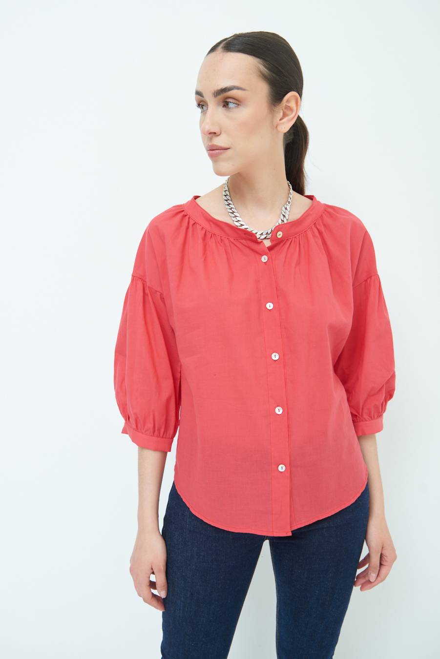 Kikisix CAMICIA SCOLLO INCRESPATO COTONE ROSSO Hotsell
