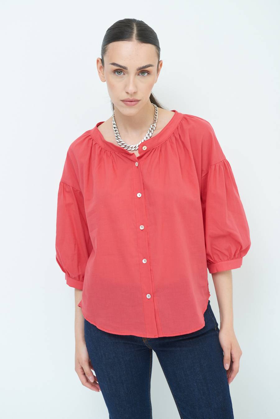 Kikisix CAMICIA SCOLLO INCRESPATO COTONE ROSSO Hotsell