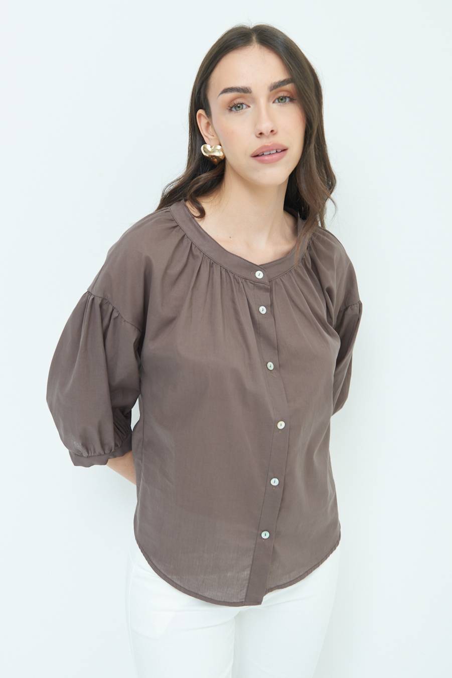 Kikisix CAMICIA SCOLLO INCRESPATO COTONE COFFEE Vendita Calda