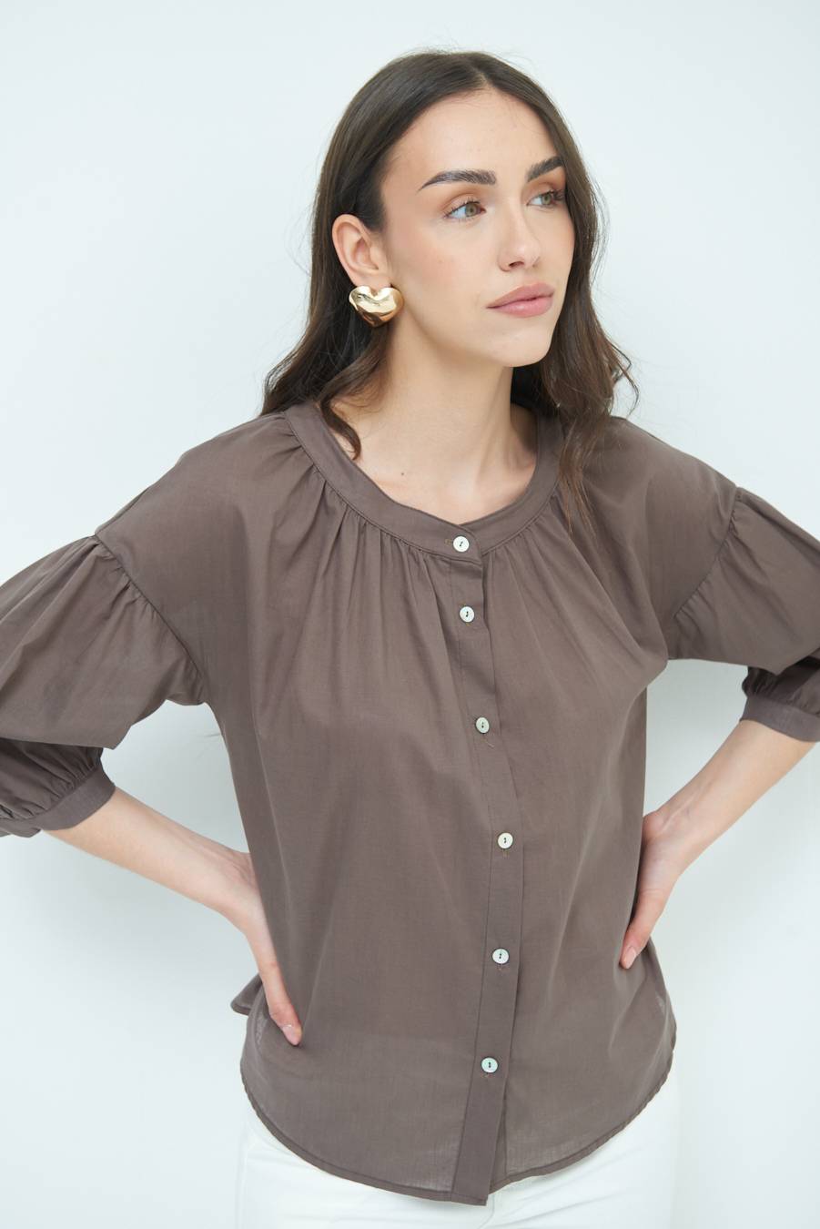 Kikisix CAMICIA SCOLLO INCRESPATO COTONE COFFEE Vendita Calda