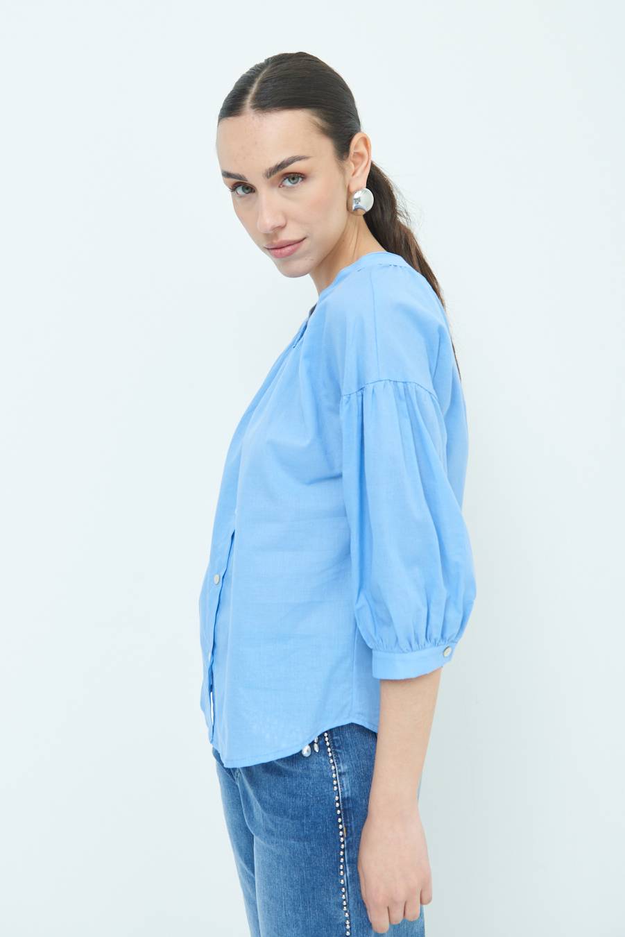 Kikisix CAMICIA SCOLLO INCRESPATO COTONE CELESTE Vendita Economica