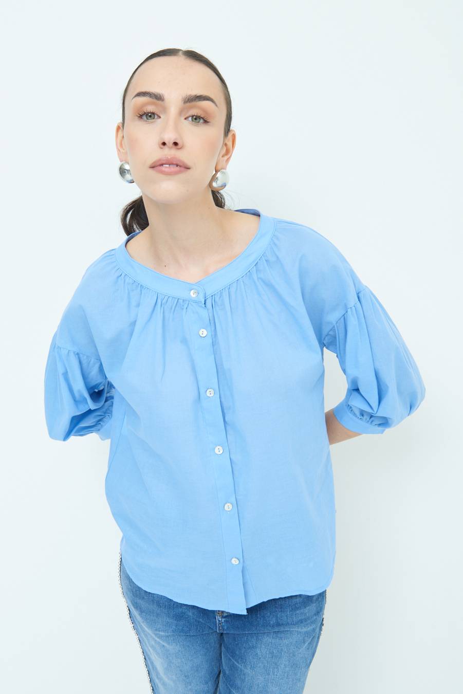 Kikisix CAMICIA SCOLLO INCRESPATO COTONE CELESTE Vendita Economica