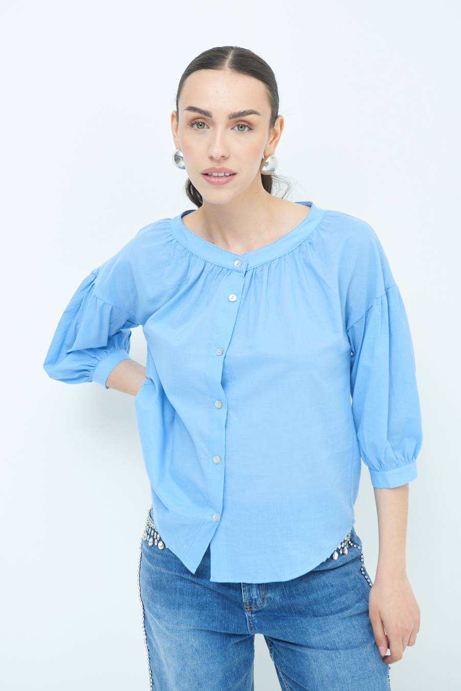 Kikisix CAMICIA SCOLLO INCRESPATO COTONE CELESTE Vendita Economica