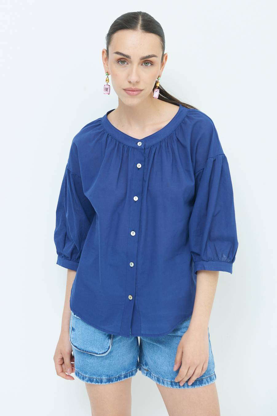 Kikisix CAMICIA SCOLLO INCRESPATO COTONE BLU