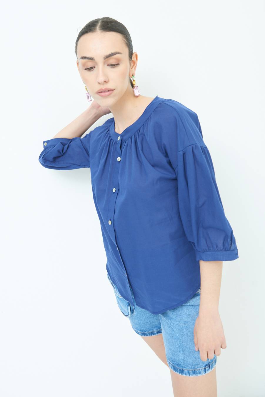 Kikisix CAMICIA SCOLLO INCRESPATO COTONE BLU Saldi Di Fabbrica