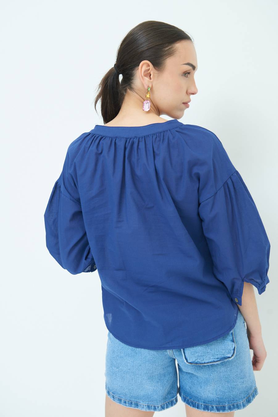 Kikisix CAMICIA SCOLLO INCRESPATO COTONE BLU Saldi Di Fabbrica