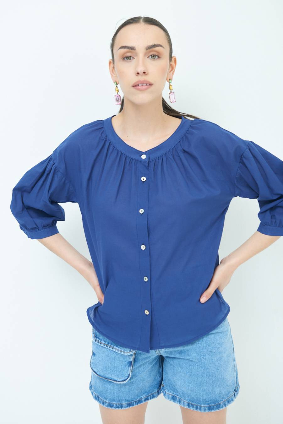 Kikisix CAMICIA SCOLLO INCRESPATO COTONE BLU Saldi Di Fabbrica
