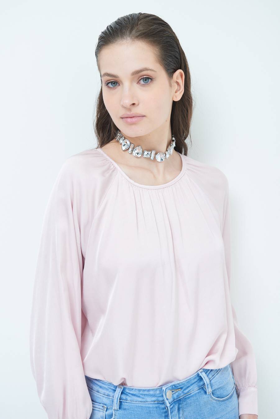 Kikisix CASACCA RASO VISCOSA INCRESPATA COLLO ROSA Liquidazione