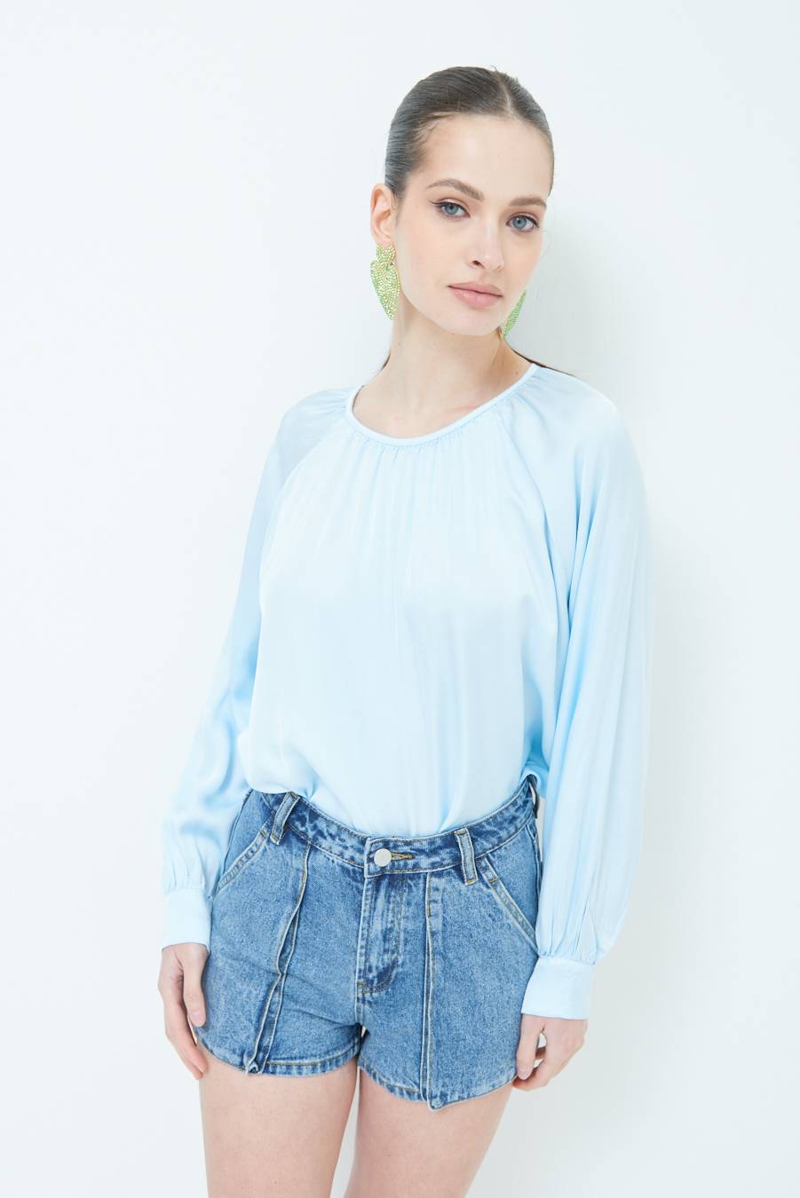 Kikisix CASACCA RASO VISCOSA INCRESPATA COLLO CELESTE Offerte giornaliere