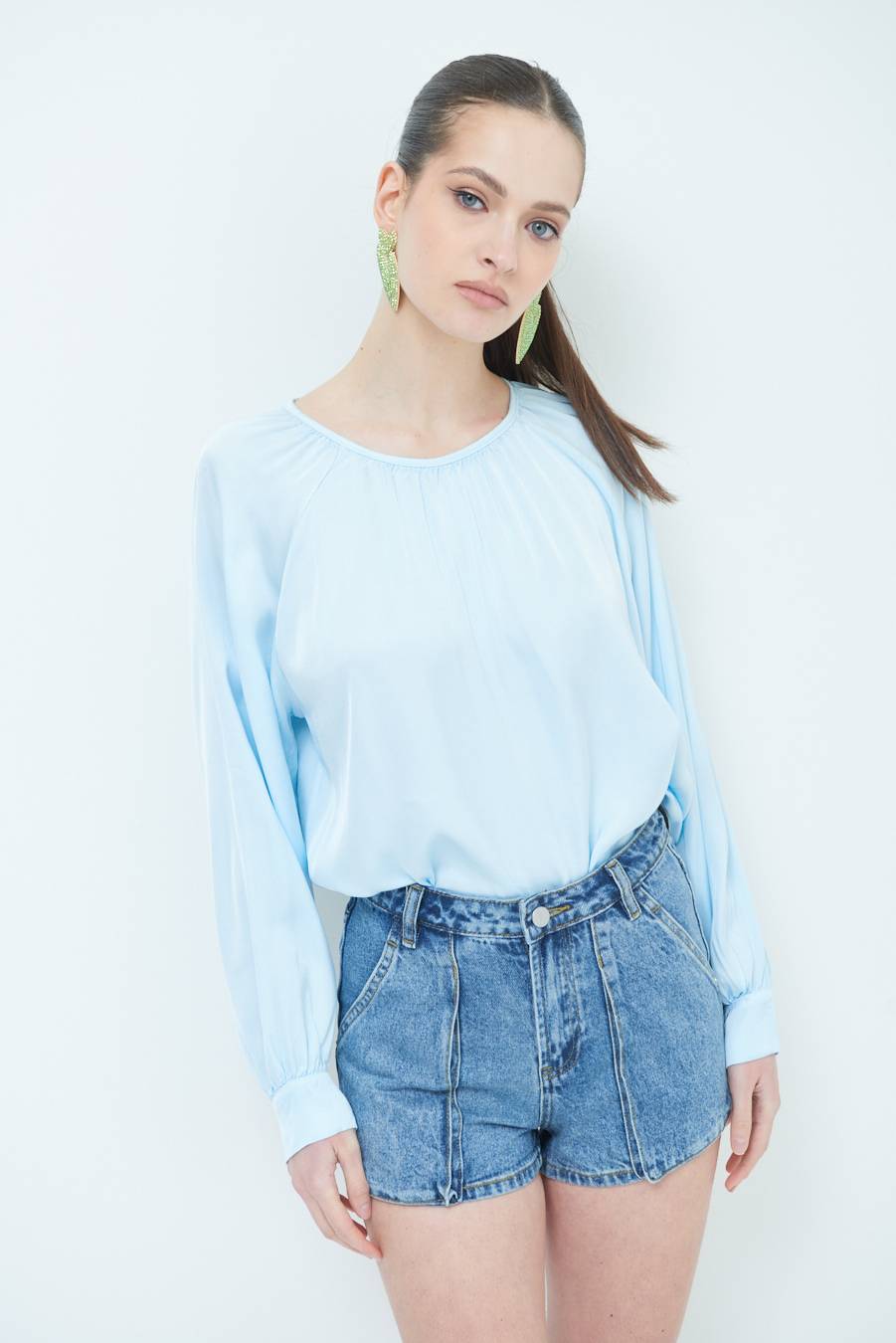 Kikisix CASACCA RASO VISCOSA INCRESPATA COLLO CELESTE Offerte giornaliere