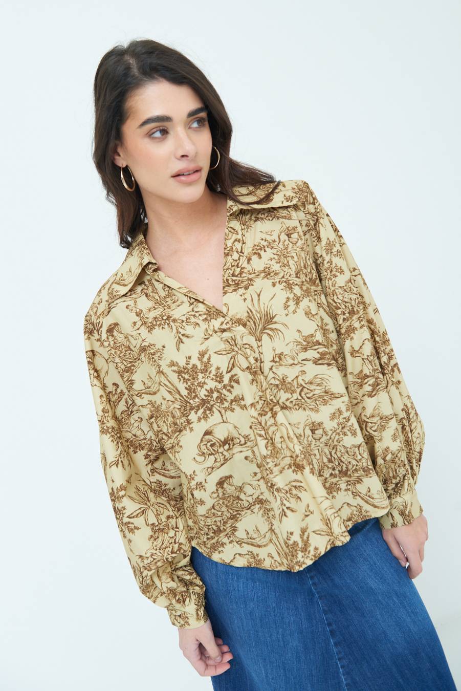 Kikisix CAMICIA POLO MANICA AMPIA FANTASIA ORIENTALE CAMMELLO Super Saving Price