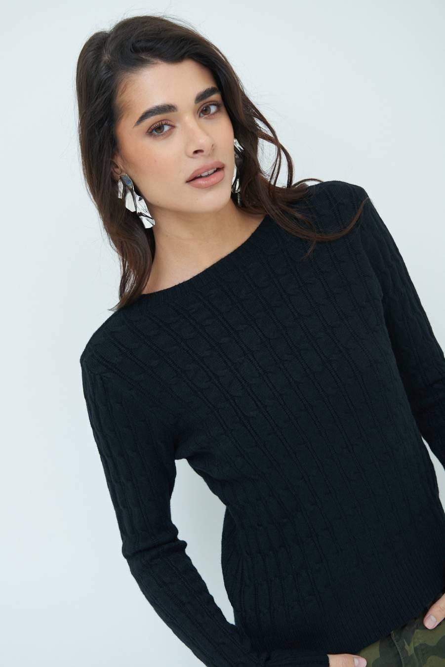 Kikisix MAGLIA PARICOLLO DISEGNO TRECCIA NERO Nuovo