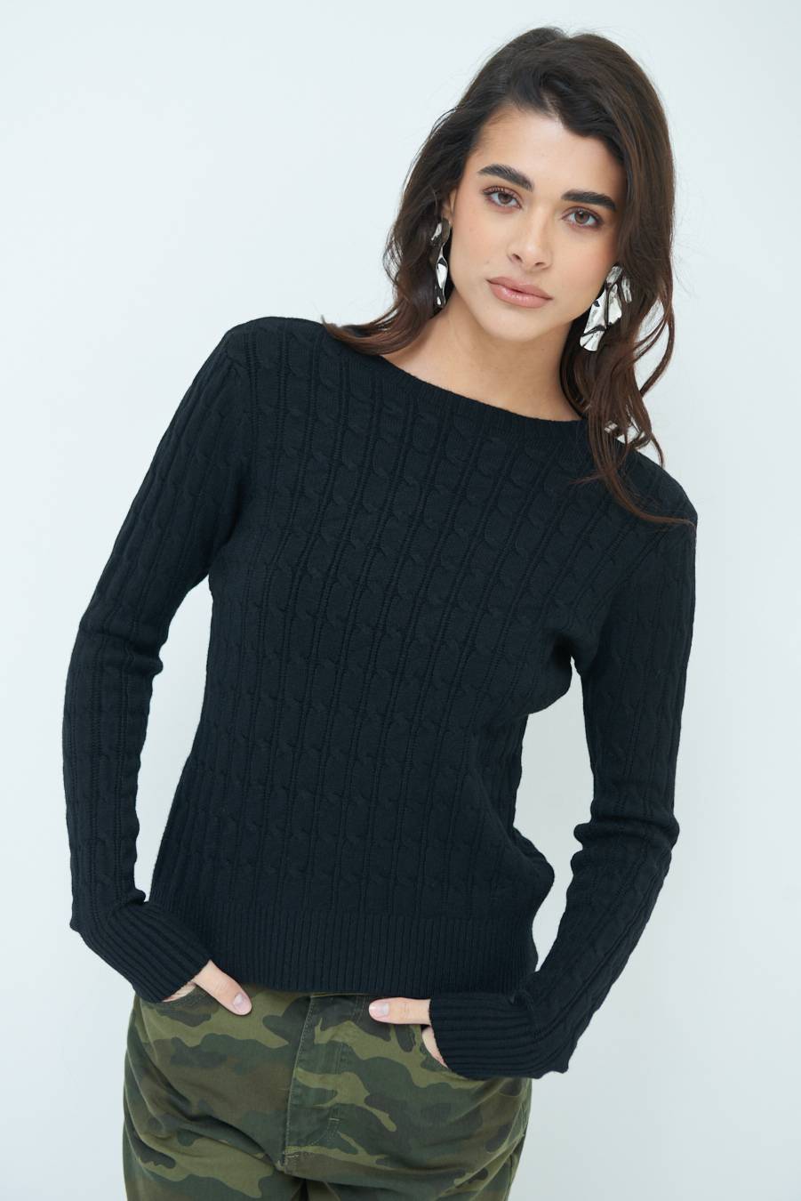 Kikisix MAGLIA PARICOLLO DISEGNO TRECCIA NERO Nuovo