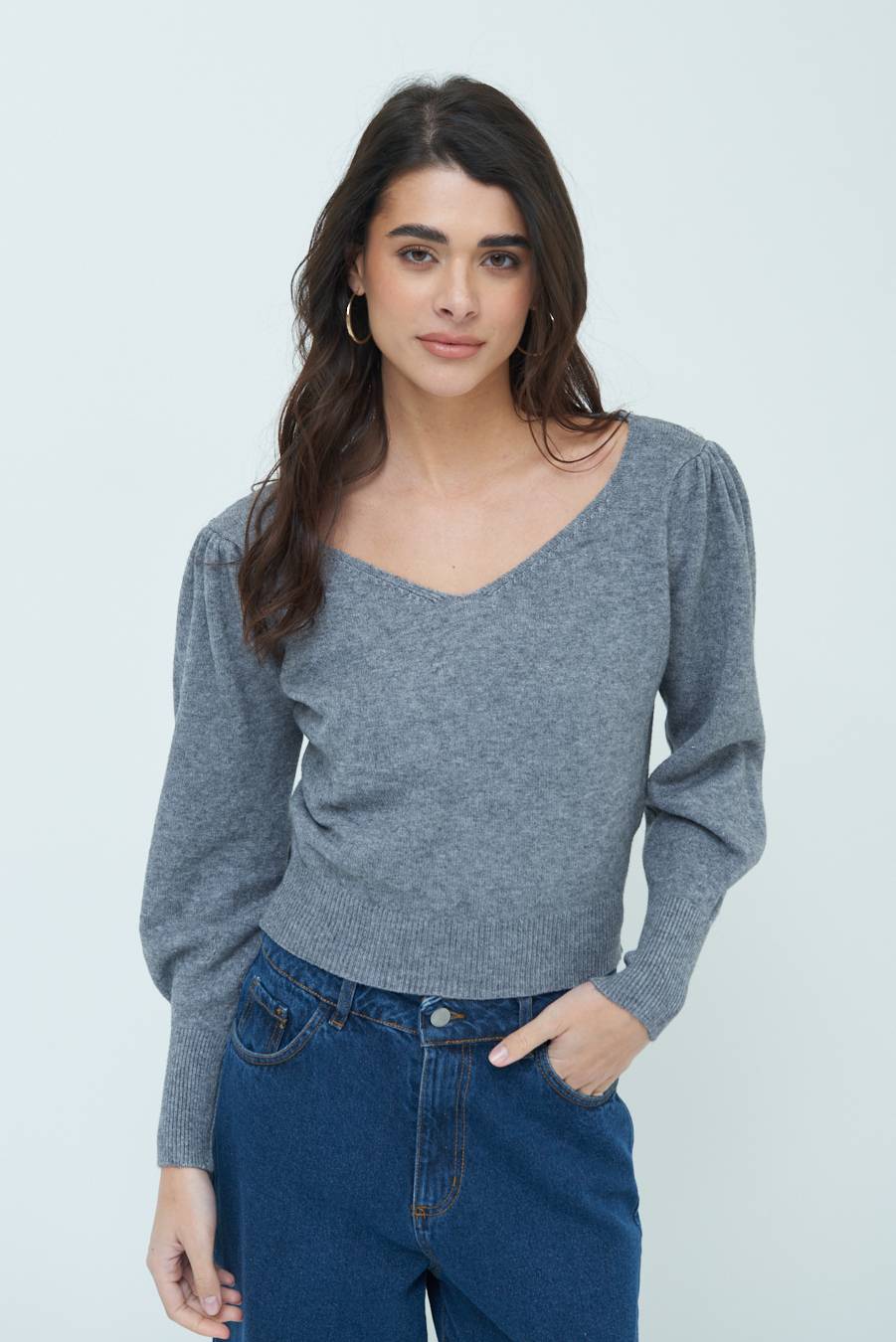 Kikisix MAGLIA SCOLLO V CON MANICA INCRESPATA GRIGIO Spedizione Gratuita