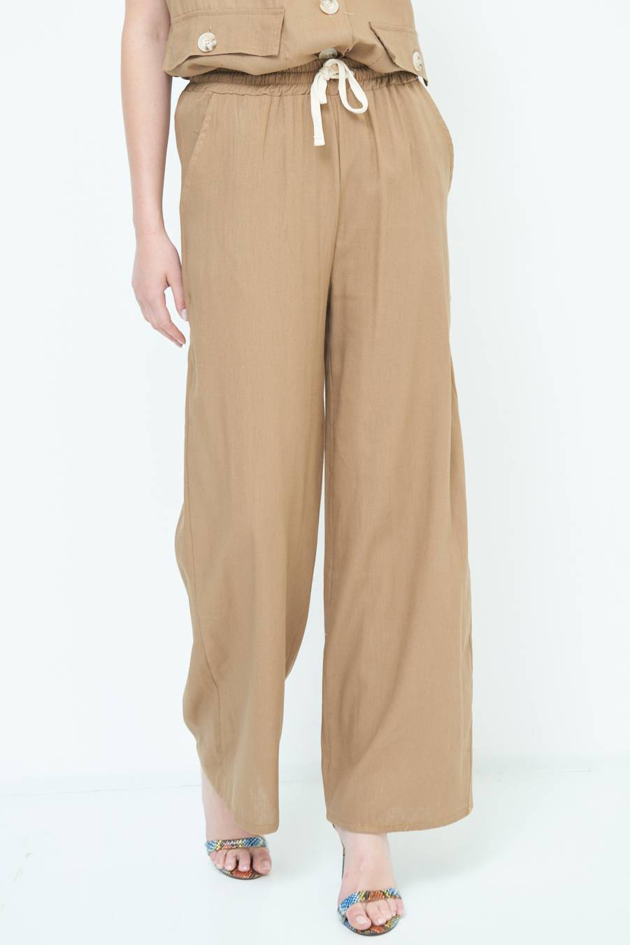 Kikisix PANTA PALAZZO CON ELASTICO VISCOSA LINO TABACCO Negozi Online