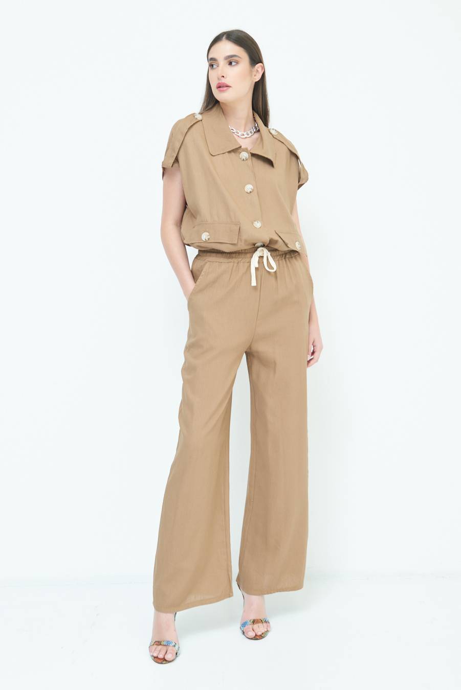 Kikisix PANTA PALAZZO CON ELASTICO VISCOSA LINO TABACCO Negozi Online