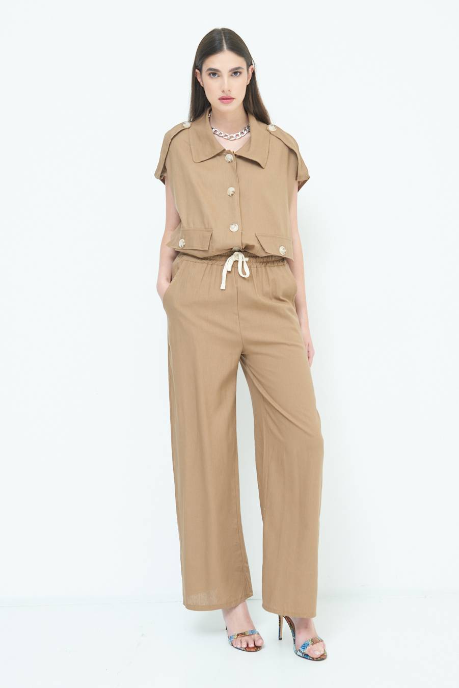 Kikisix PANTA PALAZZO CON ELASTICO VISCOSA LINO TABACCO Negozi Online