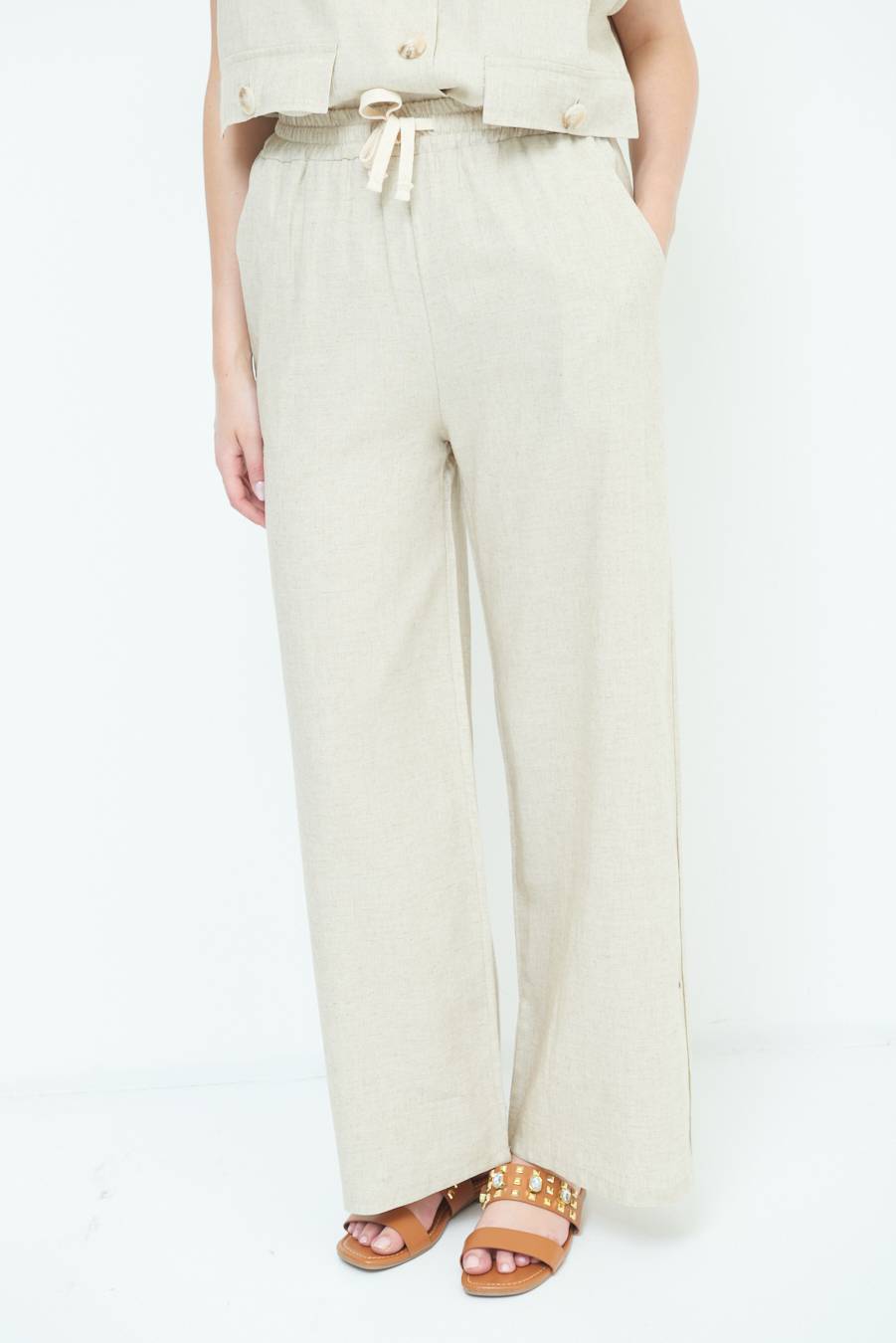 Kikisix PANTA PALAZZO CON ELASTICO VISCOSA LINO NATURALE Consegna Veloce