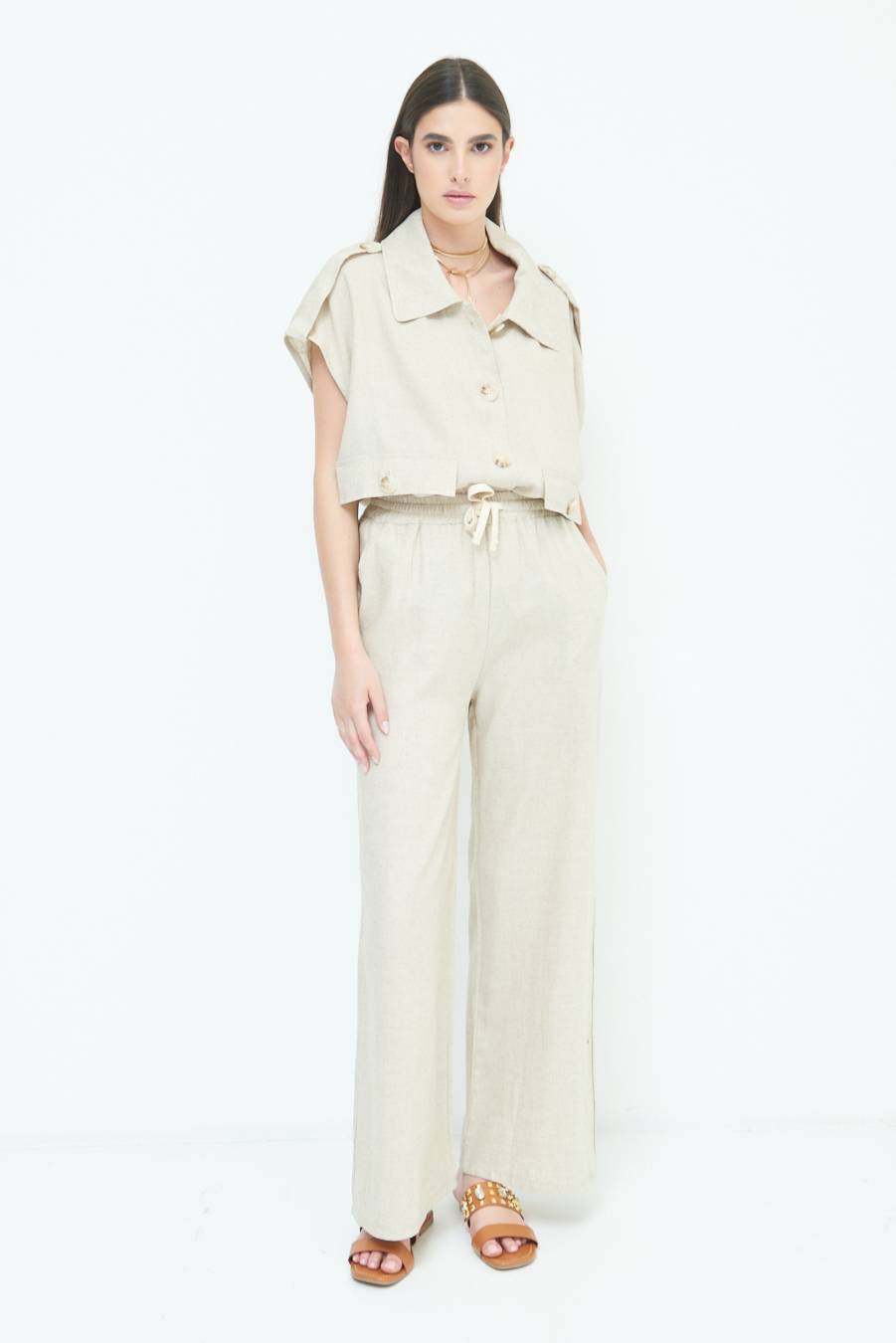 Kikisix PANTA PALAZZO CON ELASTICO VISCOSA LINO NATURALE Consegna Veloce