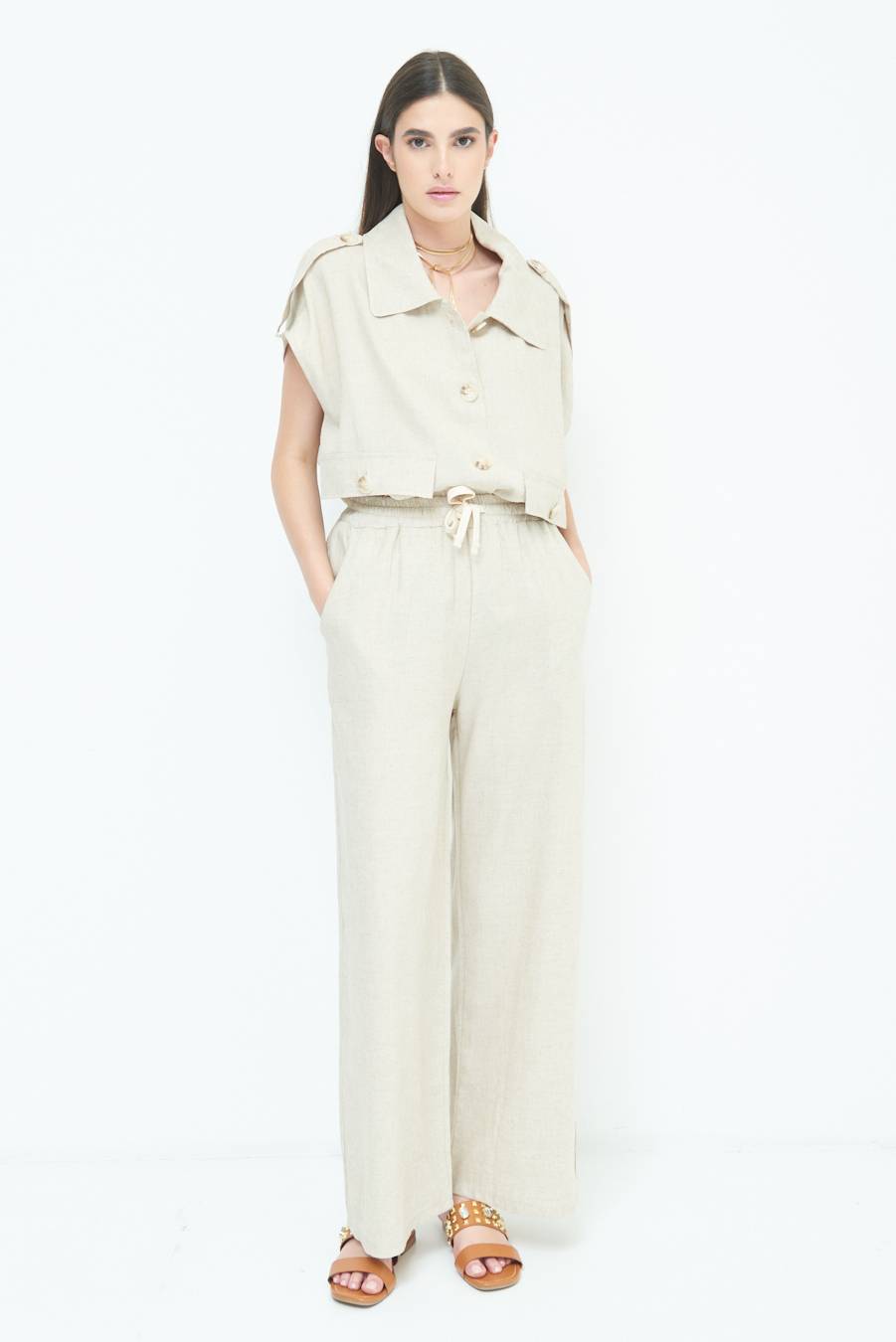 Kikisix PANTA PALAZZO CON ELASTICO VISCOSA LINO NATURALE Consegna Veloce