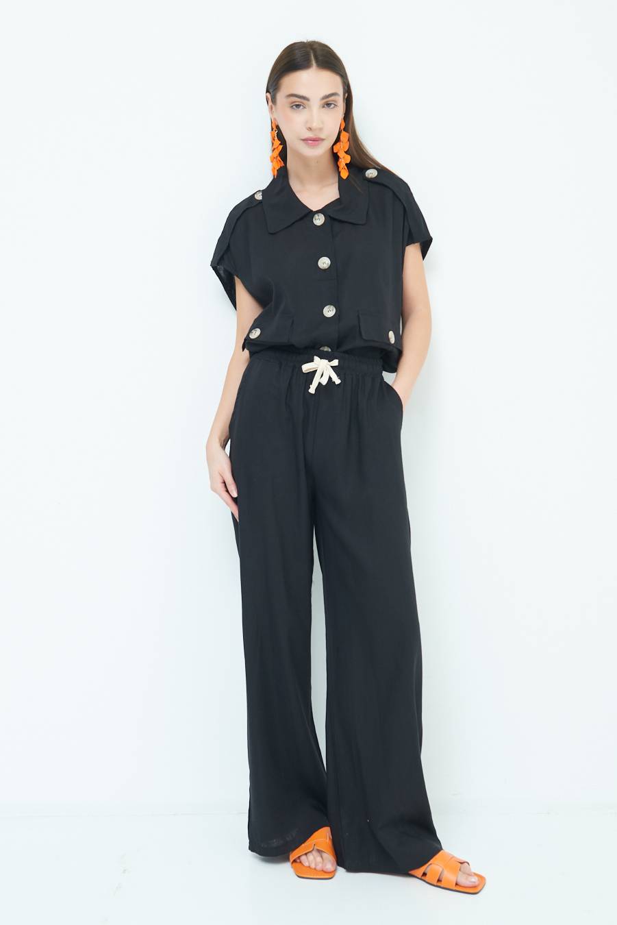 Kikisix PANTA PALAZZO CON ELASTICO VISCOSA LINO NERO