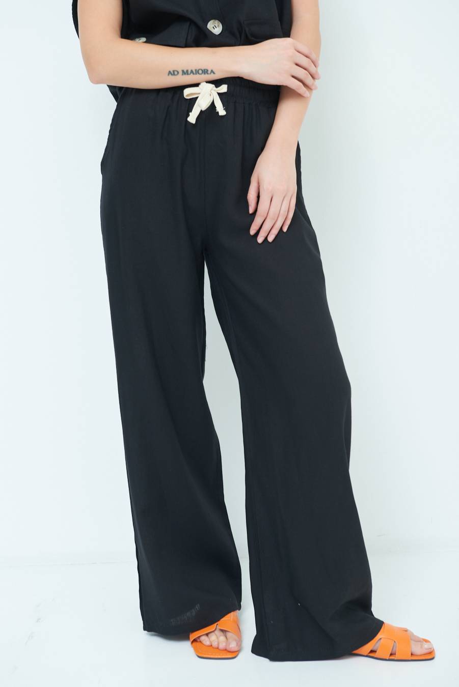 Kikisix PANTA PALAZZO CON ELASTICO VISCOSA LINO NERO Promozione Limitata