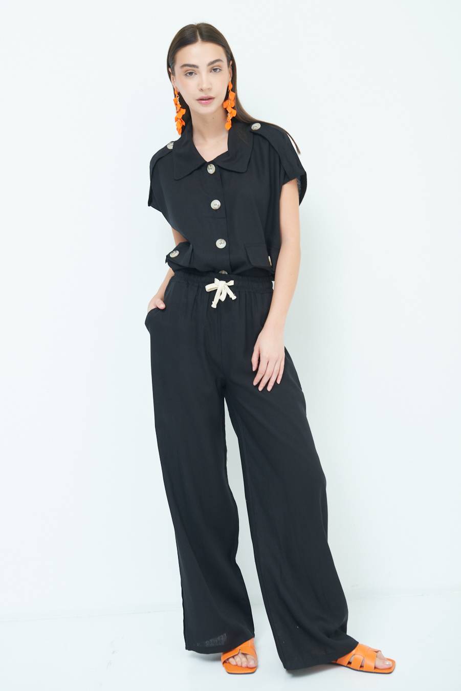 Kikisix PANTA PALAZZO CON ELASTICO VISCOSA LINO NERO Promozione Limitata