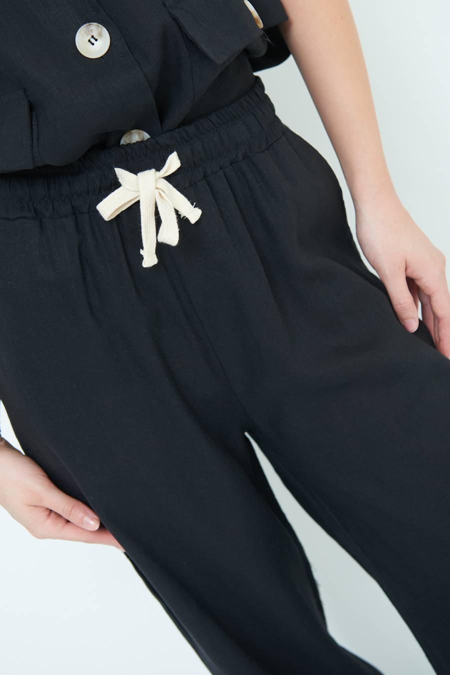 Kikisix PANTA PALAZZO CON ELASTICO VISCOSA LINO NERO Promozione Limitata