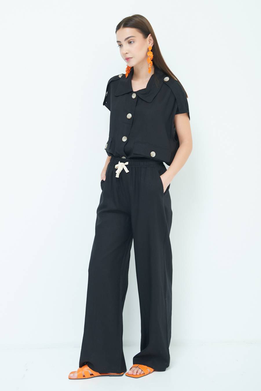 Kikisix PANTA PALAZZO CON ELASTICO VISCOSA LINO NERO Promozione Limitata