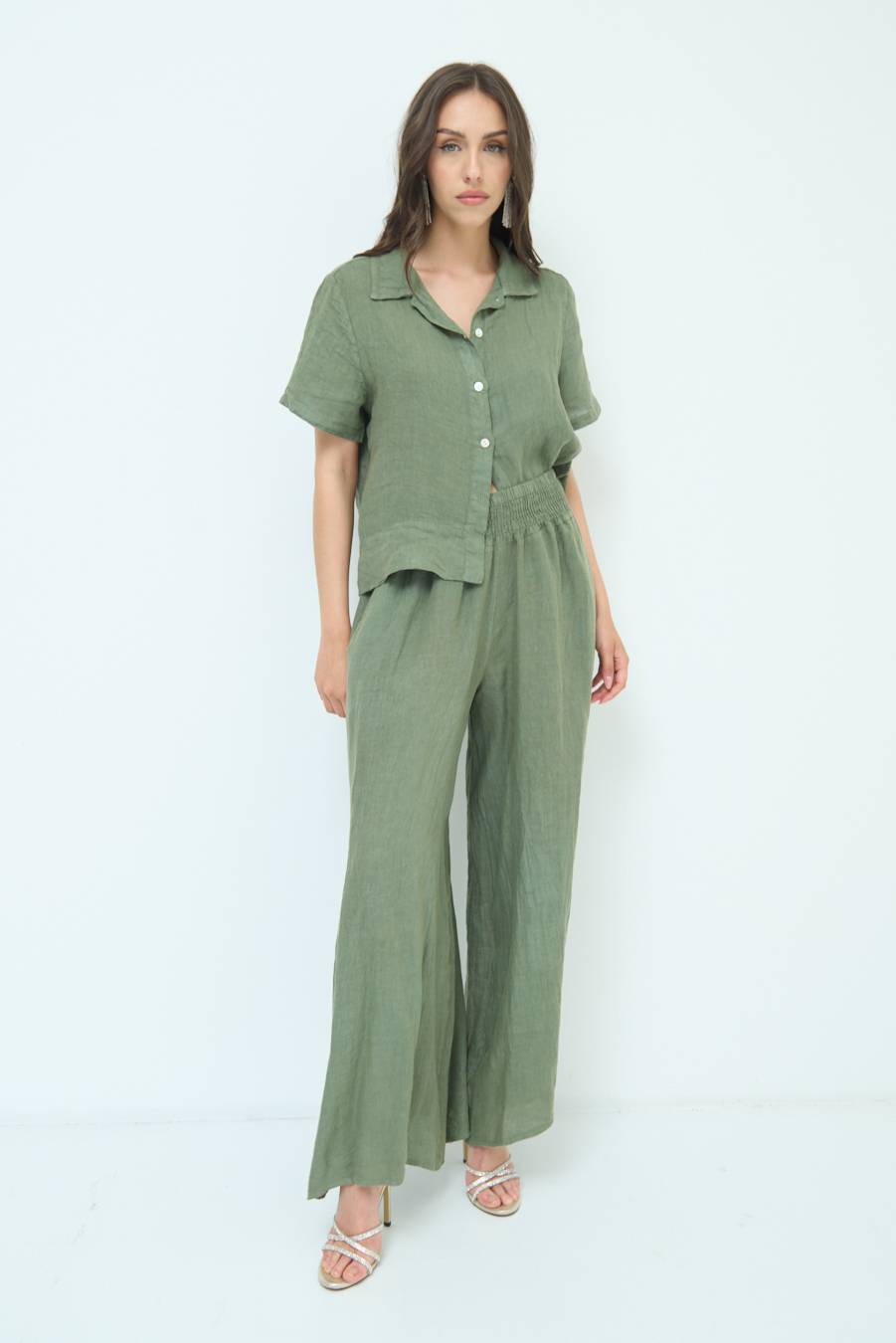 Kikisix PANTA PALAZZO LINO CON ELASTICI VERDE MILITARE Sottocosto