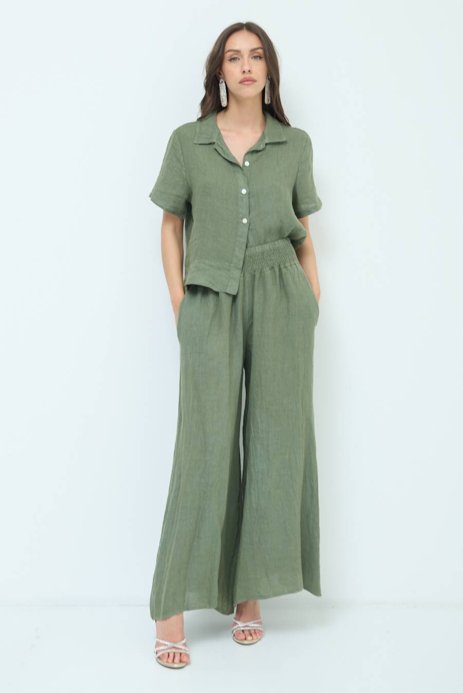 Kikisix PANTA PALAZZO LINO CON ELASTICI VERDE MILITARE Sottocosto