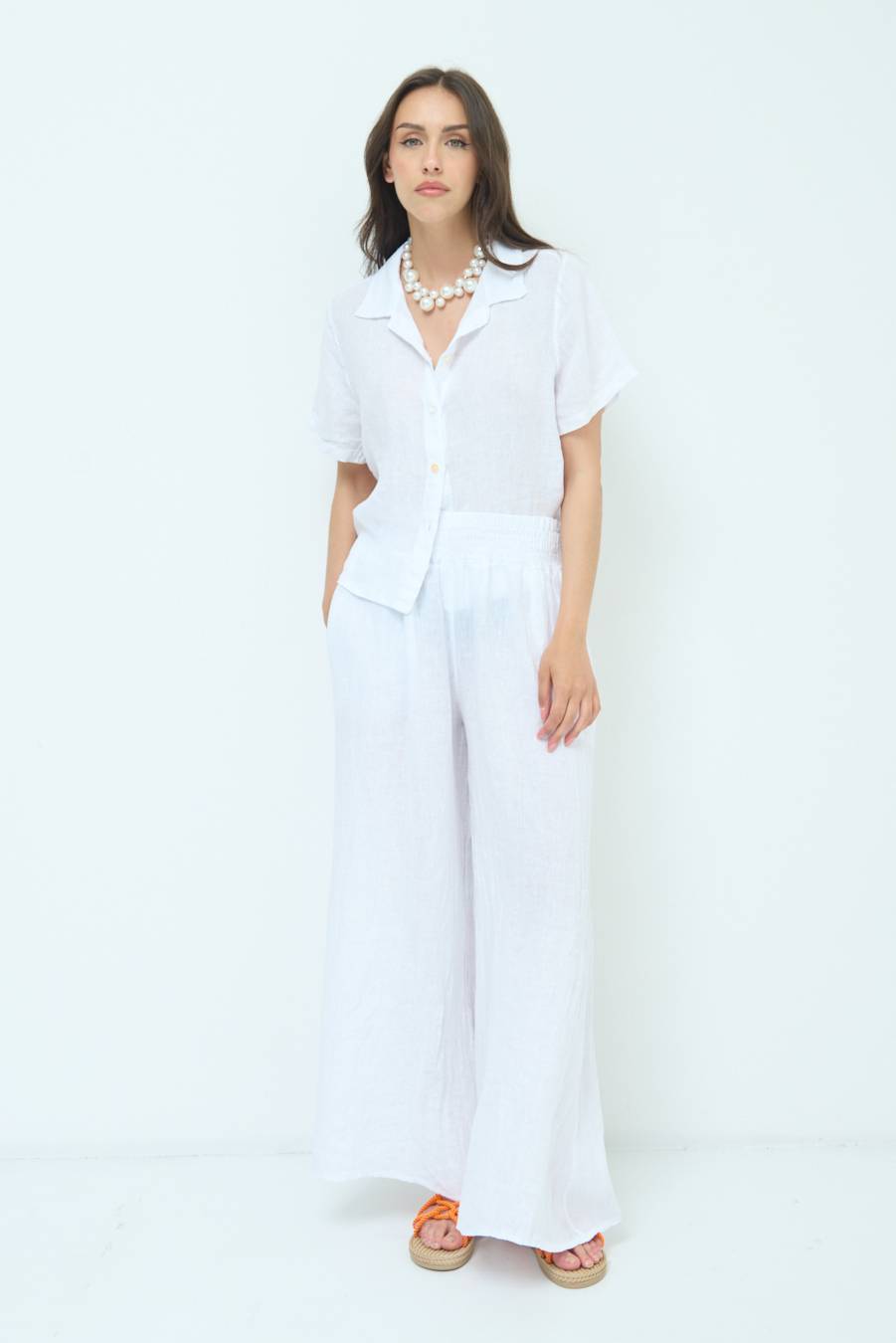 Kikisix PANTA PALAZZO LINO CON ELASTICI BIANCO