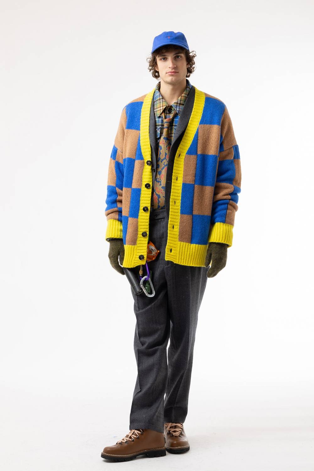 Lc23 Checkered Cardigan Camel/Blue/Yellow