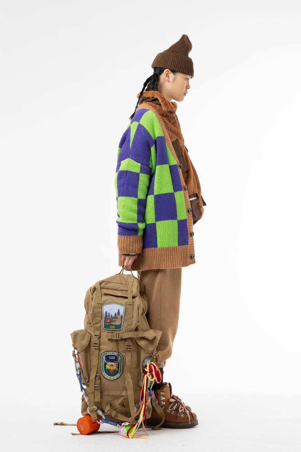 Lc23 Checkered Cardigan Green/Camel/Purple Ritorno libero