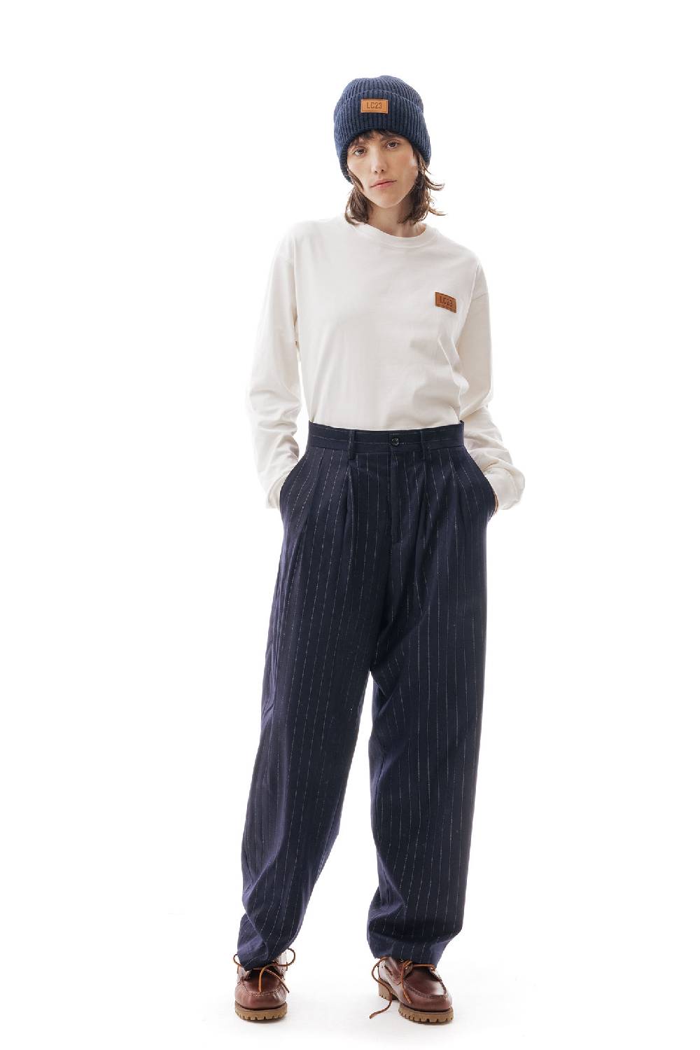 Lc23 Gessato Double Pence Trousers Navy Presa