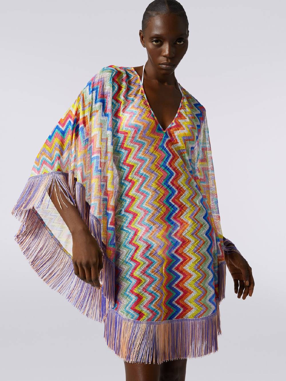 M Missoni Caftano copricostume corto stampa zig zag con frange Saldi