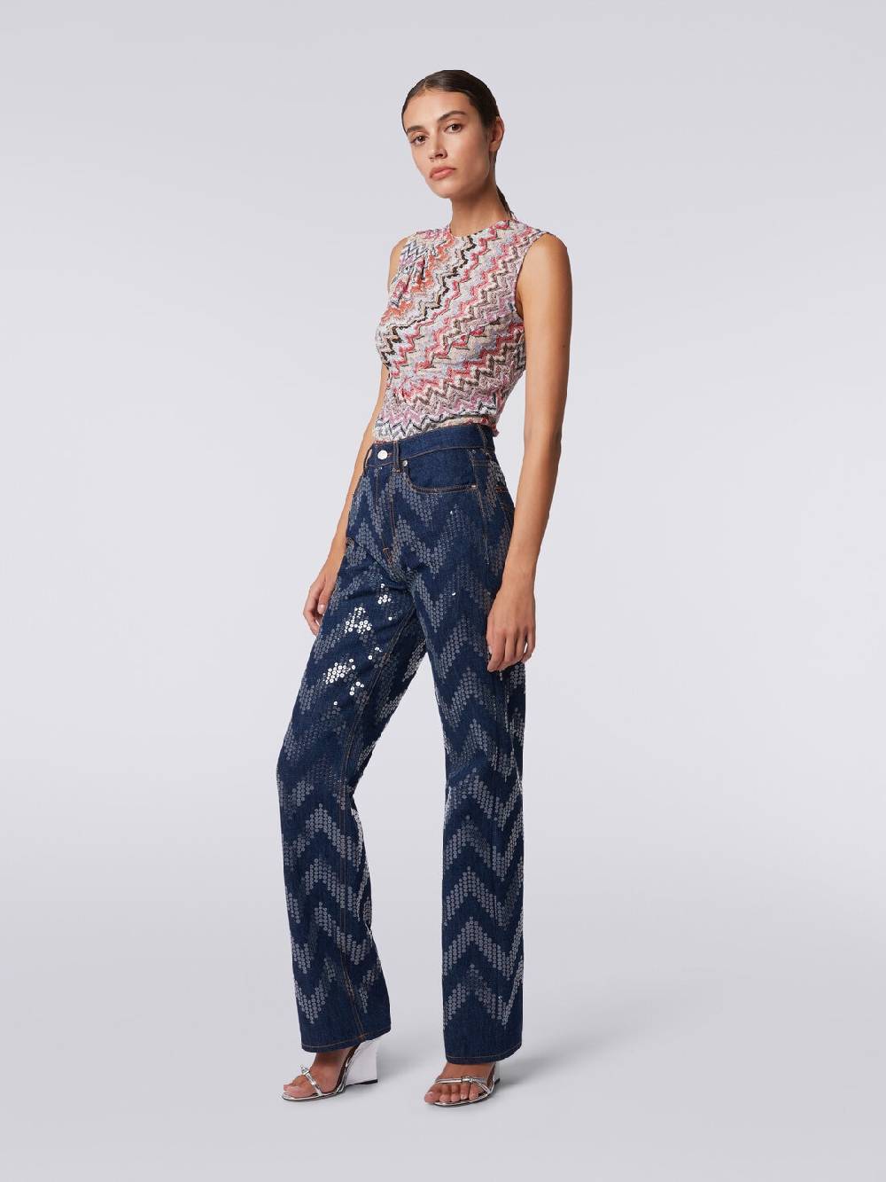M Missoni Cinque tasche in denim con paillettes zig zag Offerte stagionali
