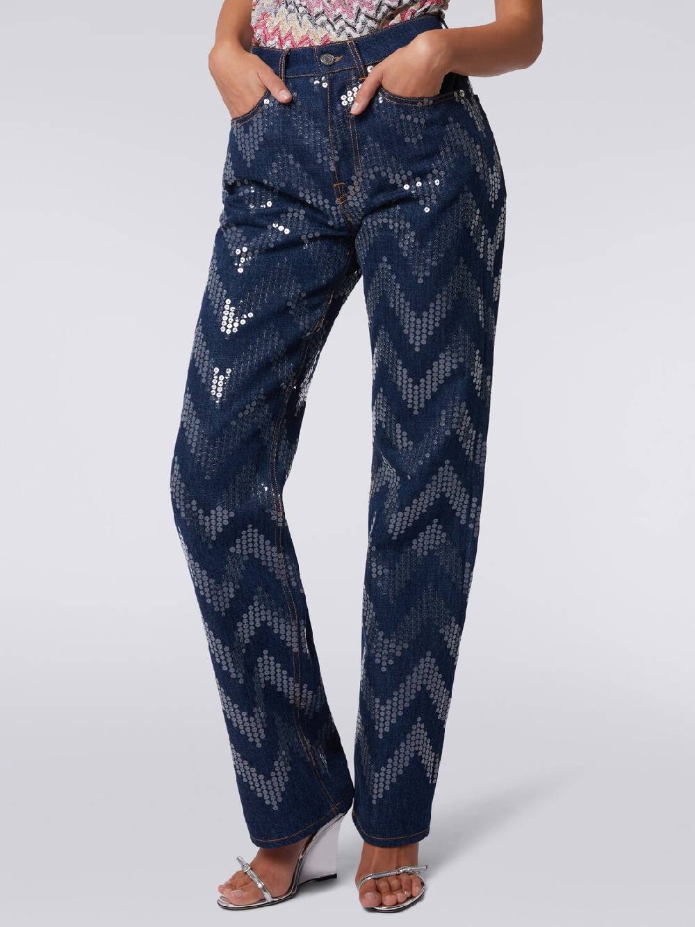 M Missoni Cinque tasche in denim con paillettes zig zag Offerte stagionali