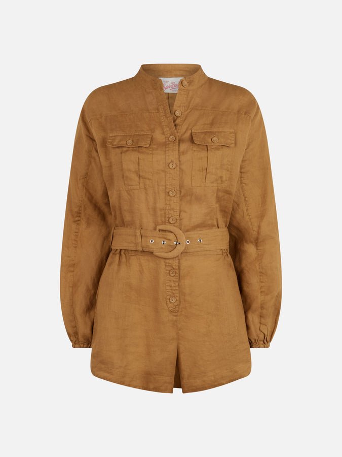 Mc2 Saint Barth Woman camel linen playsuit Hanniel Negozio online di fabbrica