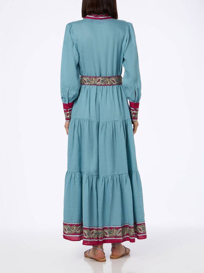 Mc2 Saint Barth Woman light blue linen dress Jensen with paisley placed print Fornitura limitata