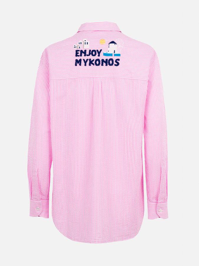 Mc2 Saint Barth Woman striped seeruscker cotton over shirt Brigitte with front and back Mykonos embroidery Prezzo basso