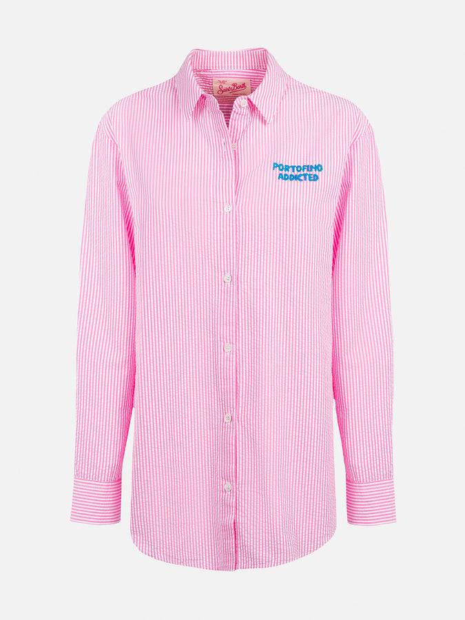 Mc2 Saint Barth Woman striped seeruscker cotton over shirt Brigitte with front and back Mykonos embroidery Prezzo basso