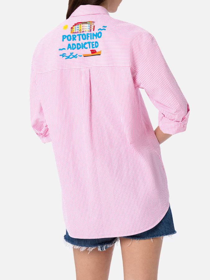 Mc2 Saint Barth Woman striped seeruscker cotton over shirt Brigitte with front and back Portofino embroidery Super Saving Price