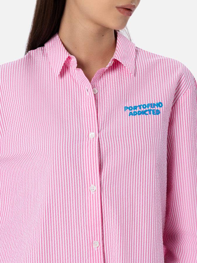 Mc2 Saint Barth Woman striped seeruscker cotton over shirt Brigitte with front and back Portofino embroidery Super Saving Price